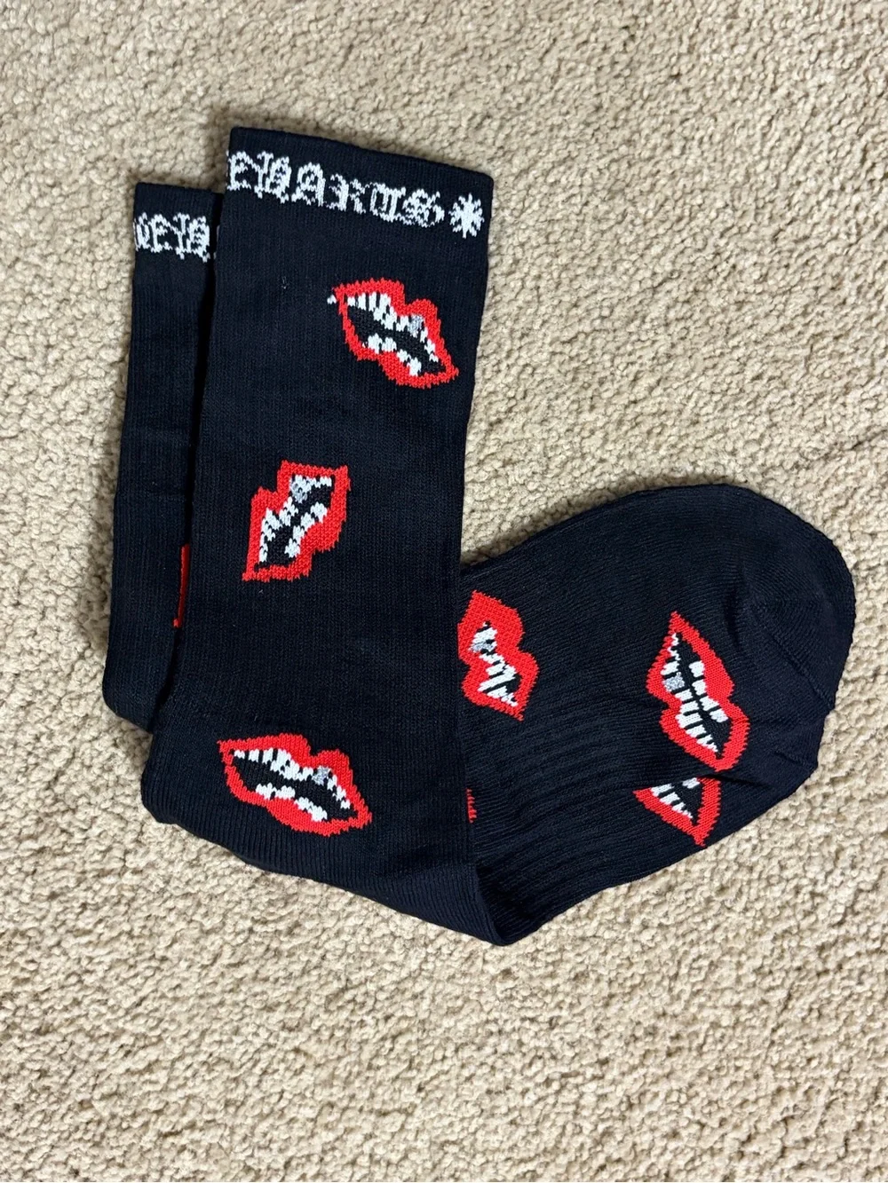 Chrome Hearts Black Crew Socks with Red Lip Motif